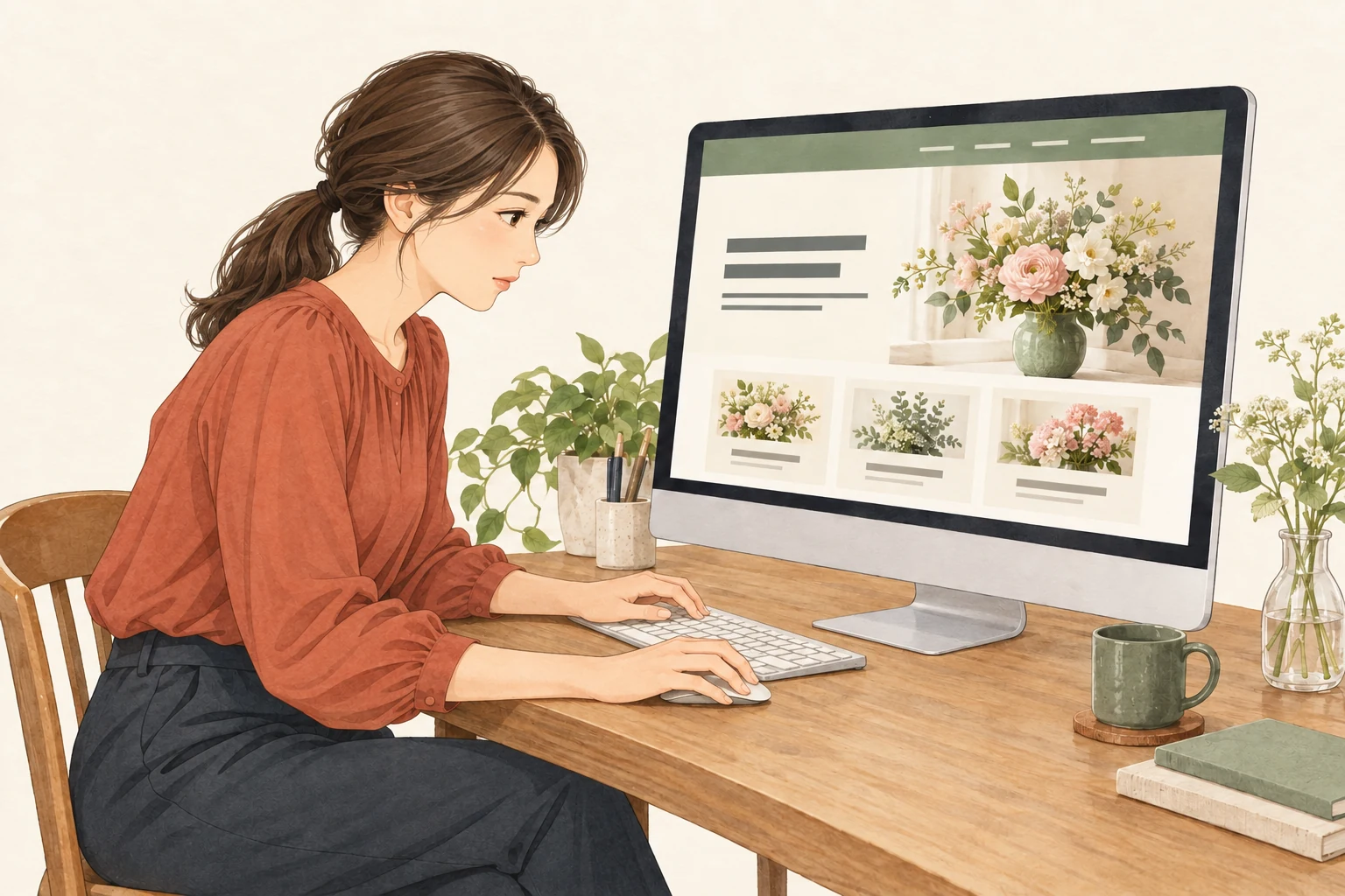 女性がパソコンで花屋のホームページを編集している様子