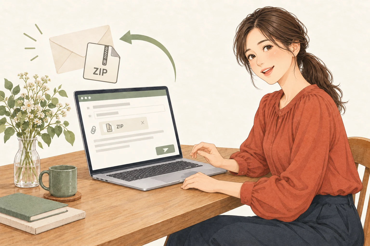 女性が完成したZIPデータをメールで送っている様子