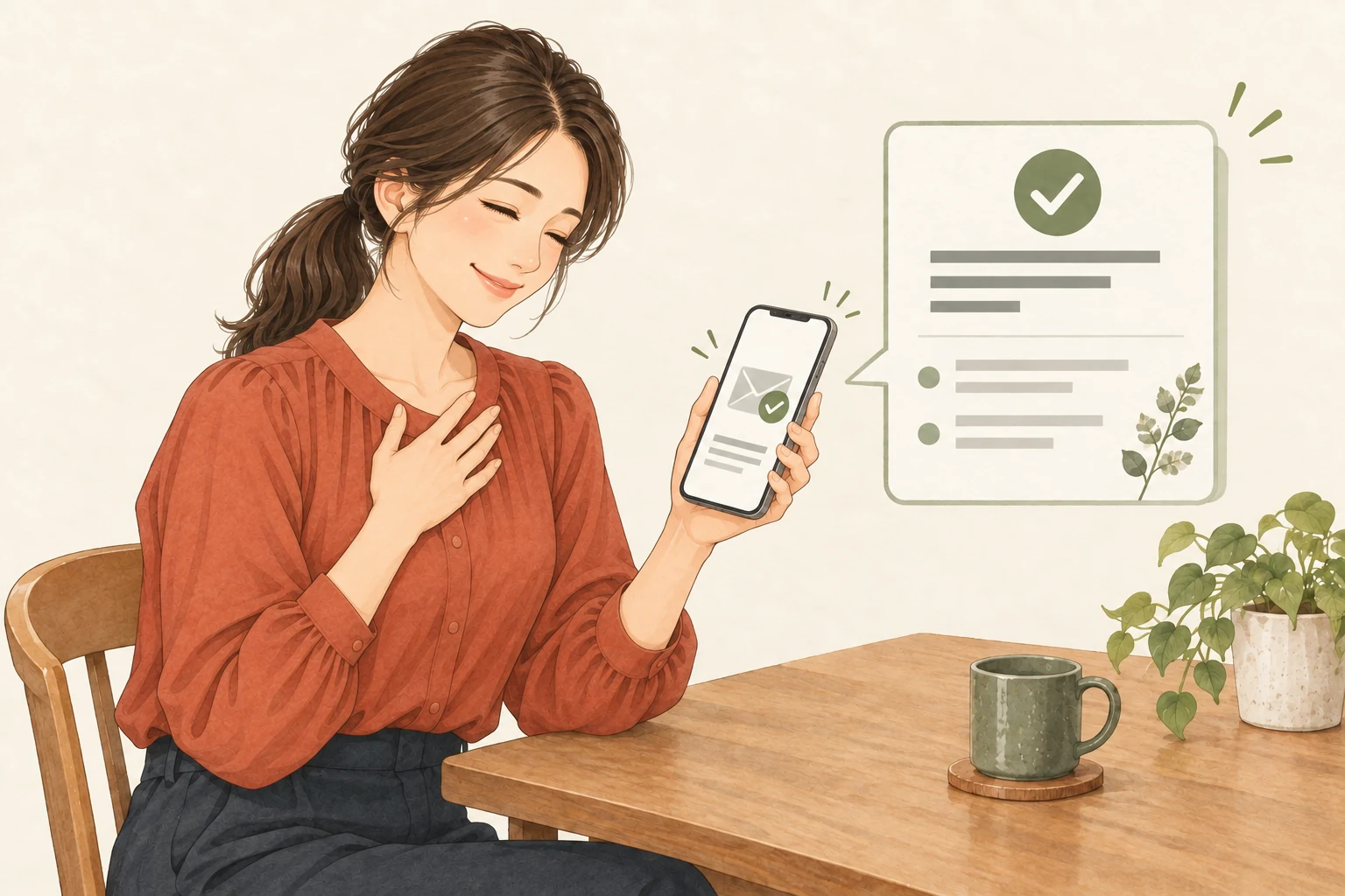 女性が受付と振込案内のメールを確認している様子