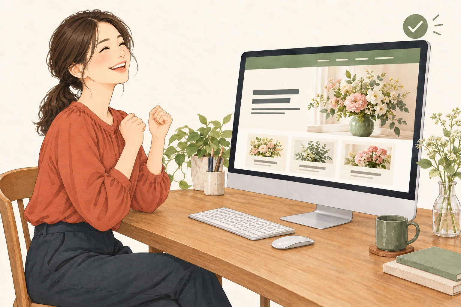 女性が最初に作った花屋のホームページの公開を喜ぶ様子